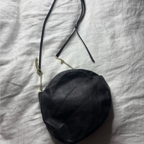 Black Upcycled Leather Circle Crossbody Bag with Chain Strap - Picture 3 of 5